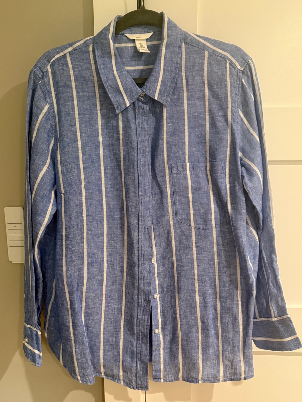 H&M Blue and White Vertical Stripe 100% Linen Button-Down Shirt